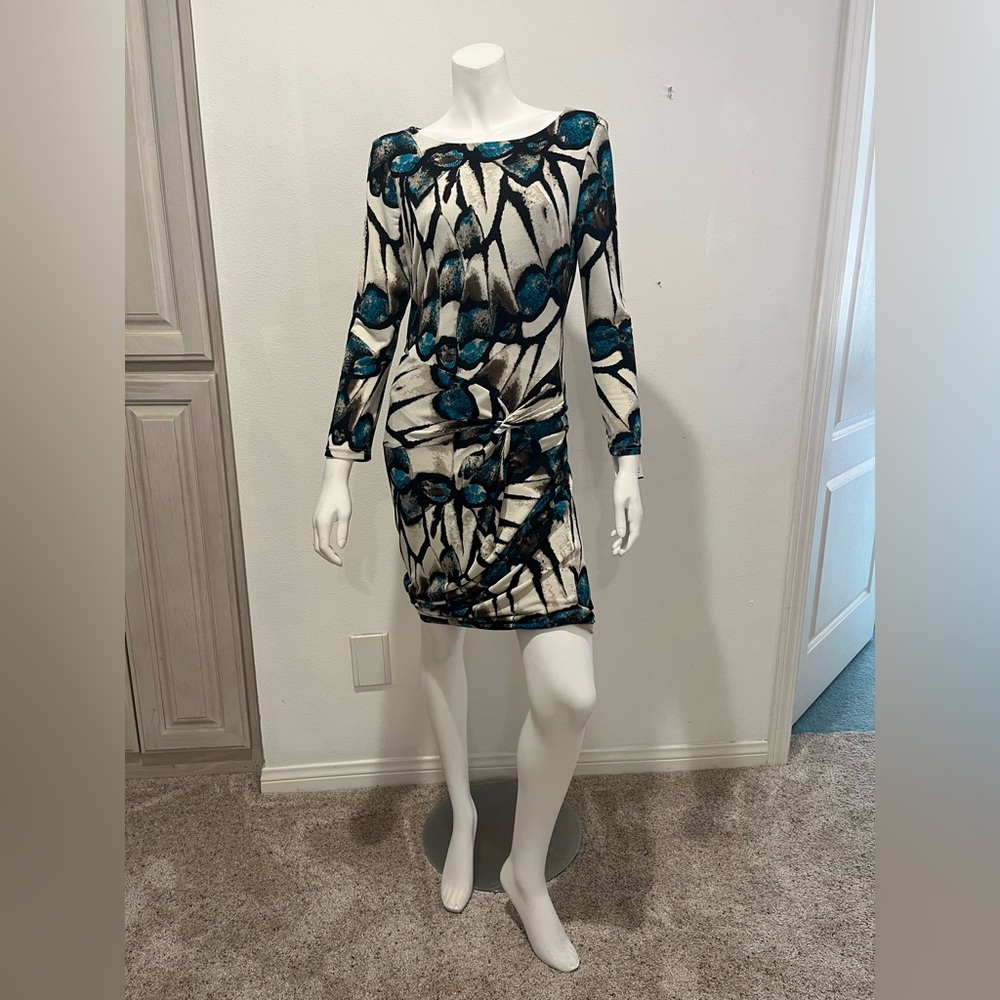 Joseph Ribkoff Cream/teal/taupe long sleeve print dress